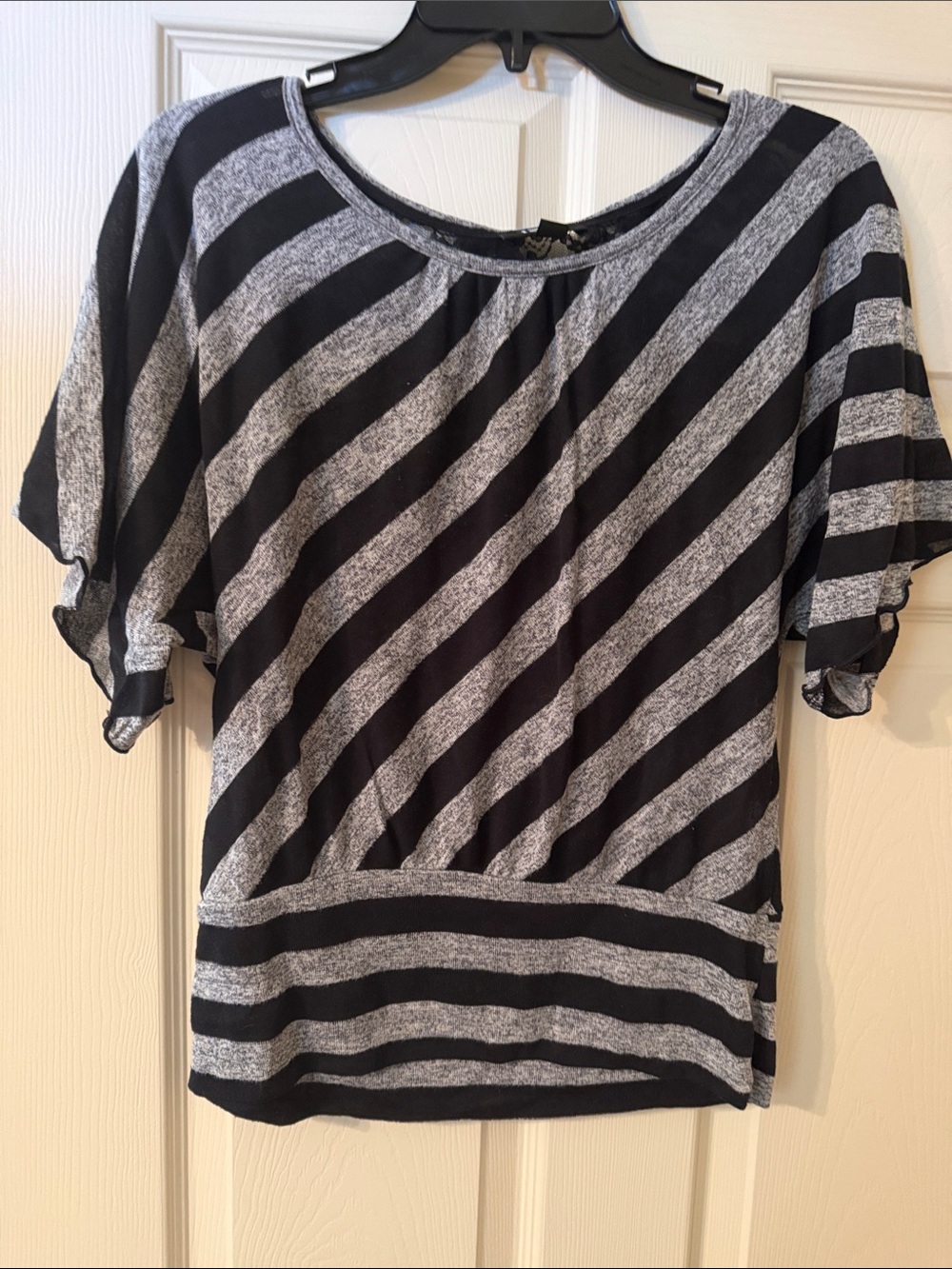 Iz Byer Black & Gray Diagonal Stripe Short Sleeve Top